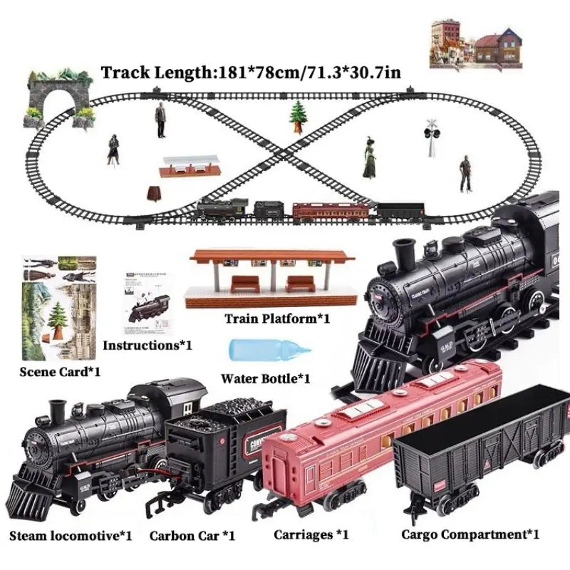 #0918 Classical Battery Operate Electric Railway Train Steam Locomotive Set Adding Water to Smoke Train Toys with Light&Sound ﻿