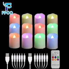 #0883 12 PCS Rechargeable Candles Colorful Flameless Flicker Tealight Timer & 2 Charging Cables Home Decorative Birthday LED Candle