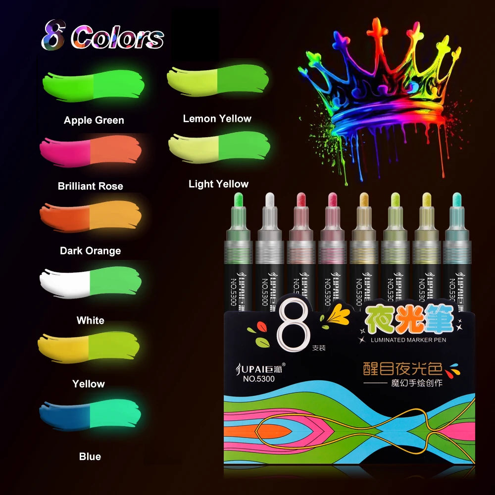 #0980 8 Colors Set Fluorescent pen Glows At Night Highlighter Pen Markers Christmas Painting Pastel Drawing Pen Supplies Stationery