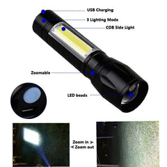 #0865 Built In Battery XP-G Q5 Zoom Focus Mini Led Flashlight Torch Lamp Lantern 2000Lumen Adjustable Penlight Waterproof T6 Led Light